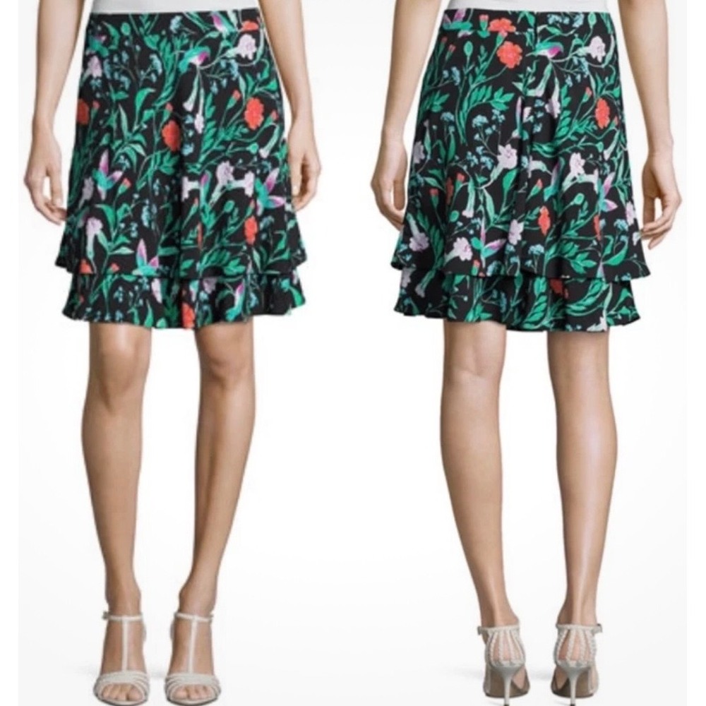 Black Floral Hummingbird Tiered Ruffle Mini Skirt Botanical Print Flounce‎ Hem 6